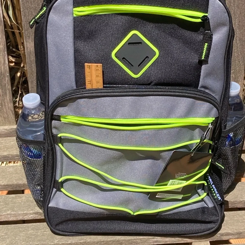 Black and Gray Backpack Neon Accents Side Pockets New